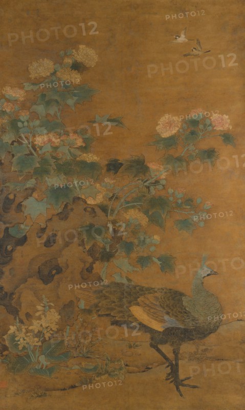 Peacock and Hollyhocks, mid-14th century. Creator: Bian Lu.