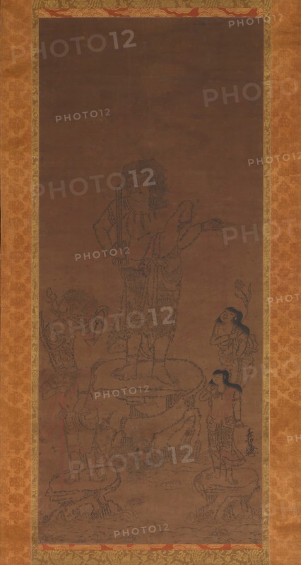 Fudo Myoo with Four Attendants, Outlined in Seed Syllables, 15th century. Creator: Chikai.
