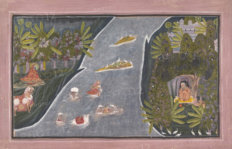 Radha Crosses a River to Interview a Hindu Sage, ca. 1820. Creator: Chokha.