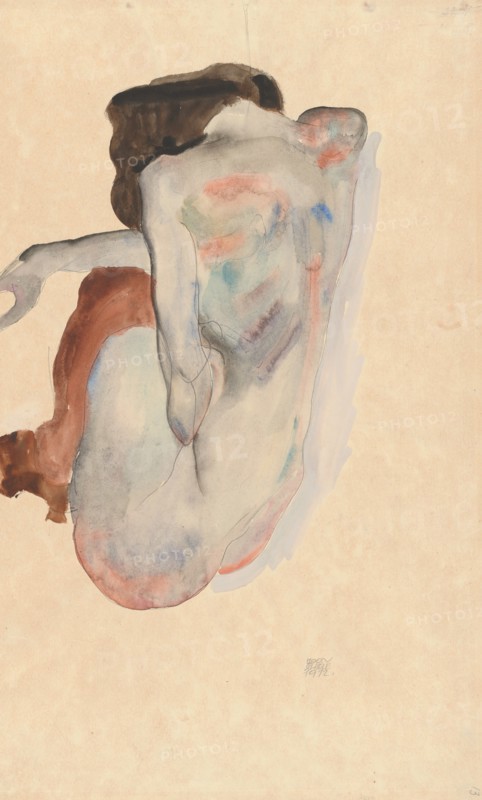 Crouching Nude in Shoes and Black Stockings, Back View, 1912. Creator: Egon Schiele.