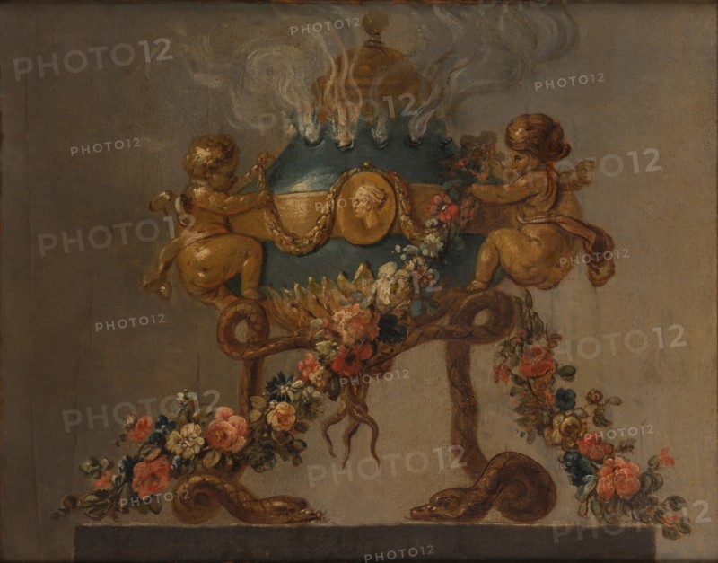 Perfume-burner supported by amorini and serpents and garlanded with flowers, 18th century. Creator: French Painter , 18th century .