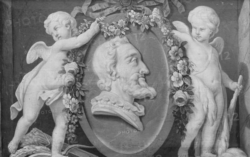 Bust of Henri IV in oval medallion with blue ground supported by two cupids, 18th century. Creator: French Painter , 18th century .