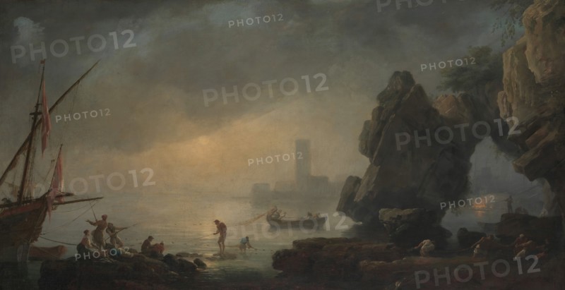 Harbor Scene with a Grotto and Fishermen Hauling in Nets. Creator: Unknown.