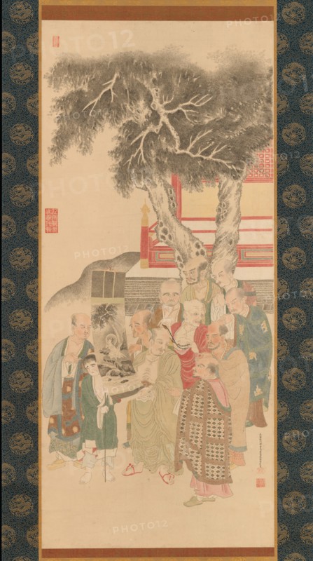 Ten Rakan Examining a Painting of White-Robed Kannon, 1792. Creator: Kato Nobukiyo.