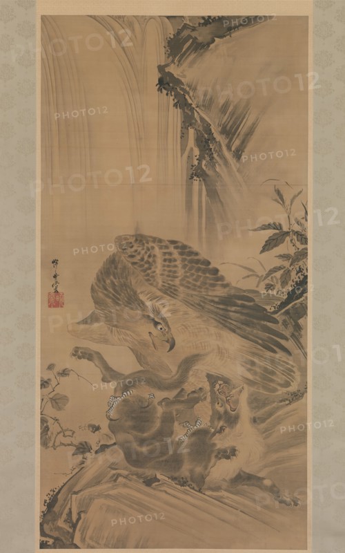 Eagle Attacking a Mountain Lion, 1885. Creator: Kawanabe Kyosai.