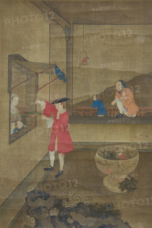 European Couple and Child Playing with Parrot, 18th century. Creator: Unknown.