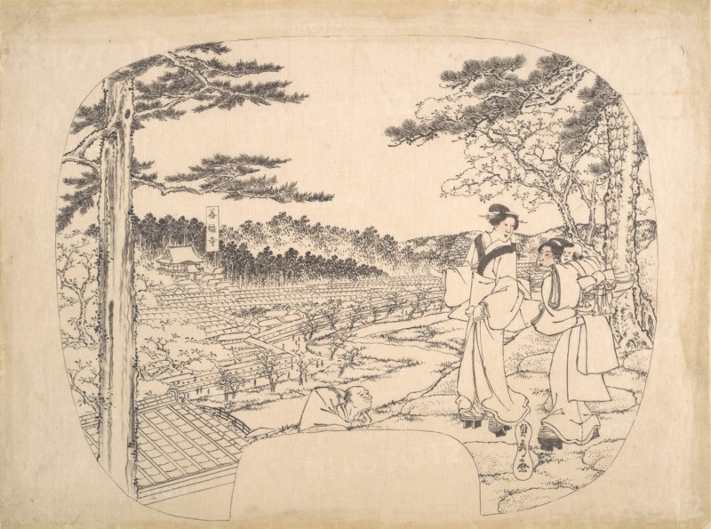 Two Women Admiring the Sights from a Vantage Point...the Zenpukuji Temple, 19th century. Creator: Sadahide Utagawa.
