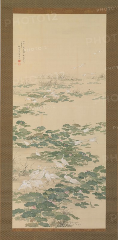 Egrets in a Lotus Pond, 1852. Creator: Yamamoto Baiitsu.