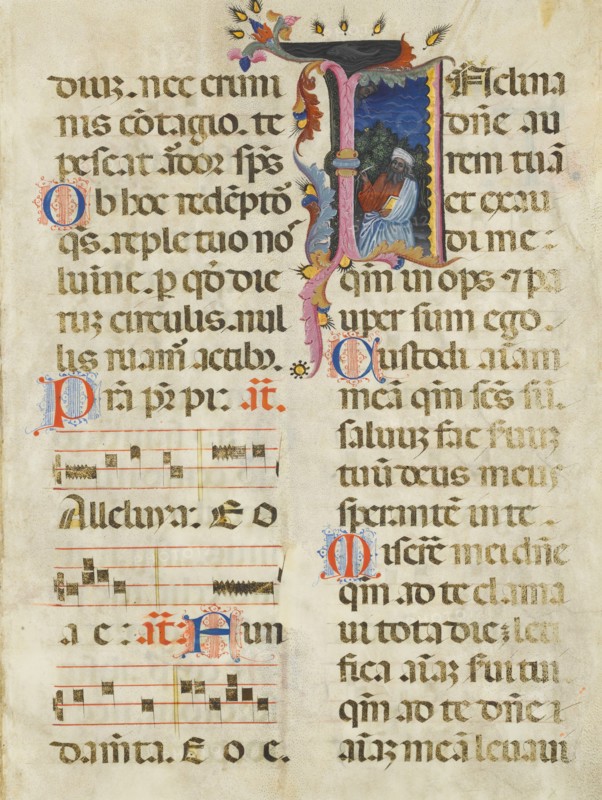 Manuscript Leaf with King David in an Initial I, from a Psalter, early 15th century. Creator: Unknown.