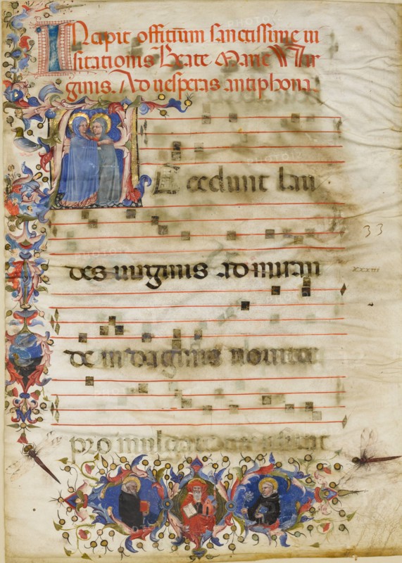 Manuscript Leaf with the Visitation in an Initial A and Cardinal Adam Easton..., ca. 1400. Creator: Unknown.