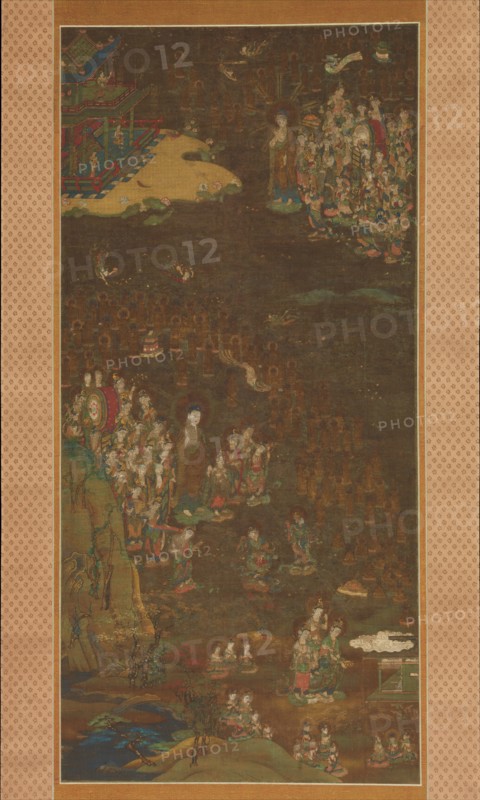 Descent and Return of Amida to Western Paradise with a Believer's Soul (Gosho mandara), c1300. Creator: Unknown.