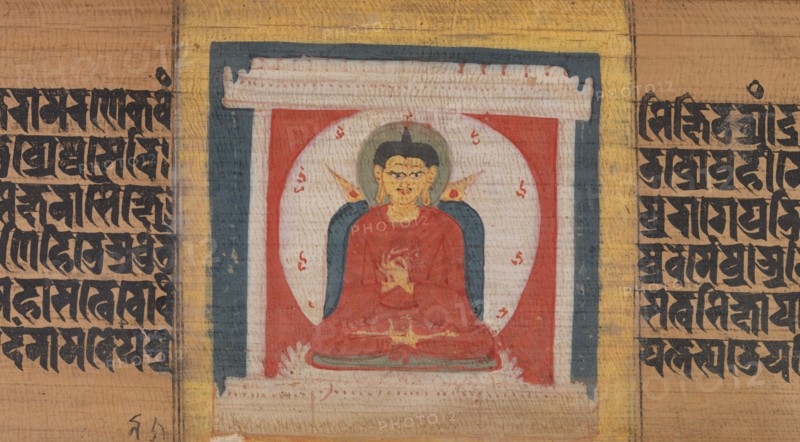 Buddha Enthroned in a Shrine, Leaf from...Pancavimsatisahasrika Prajnaparamita..., ca. 1090. Creator: Unknown.
