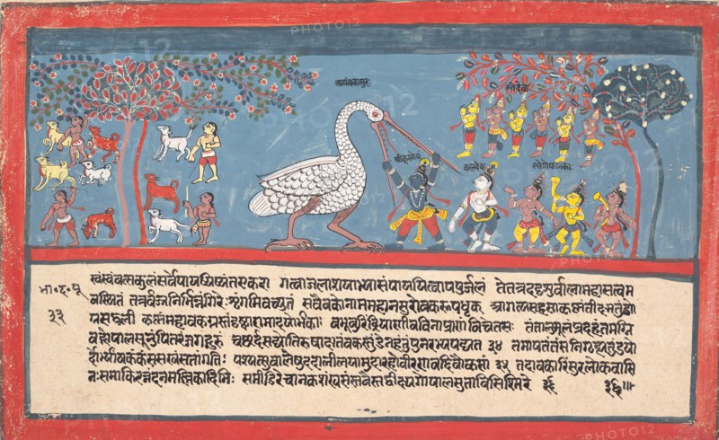 Krishna Slays Bakasura, the Crane Demon..., from a Dispersed Bhagavata Purana..., 1800-1825. Creator: Unknown.