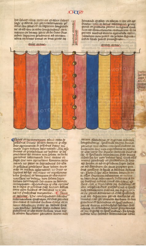 Curtain of the Tabernacle, one of six illustrated leaves from the Postilla Litteralis..., ca. 1360-1 Creator: Nicholas of Lyra.