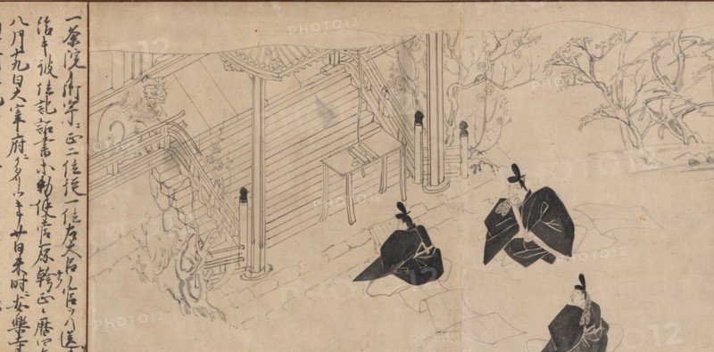 Courtiers visit Sugawara no Michizane?s mortuary temple..., ca. 1300. Creator: Unknown.
