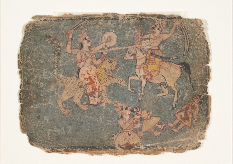The Goddess Durga Slaying an Enemy; Page from a Dispersed Markandeya Purana..., 1650-60. Creator: Unknown.
