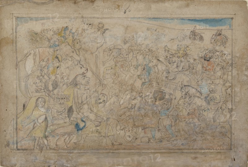 Durga, Kali, and Five Matrikas Battle the Daitya Army of the Demon Shumbha..., ca. 1780. Creator: Unknown.