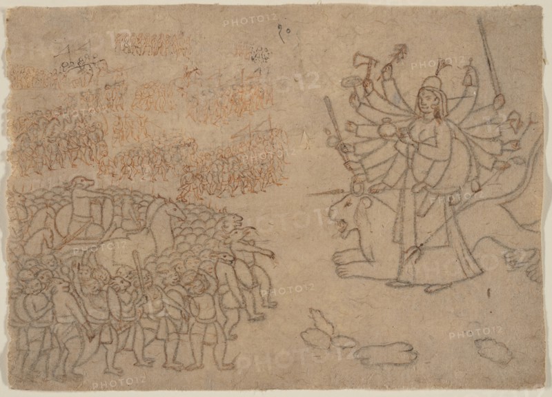 Durga Confronts the Army of the Demon Chikshura: Scene from the Devi Mahatmya , ca. 1780. Creator: Unknown.