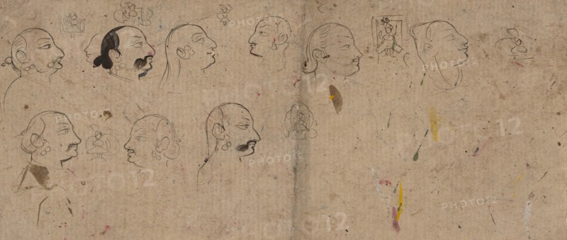 Sketch Page of Facial Studies, likely Maharao Kishor Singh, ca. 1830. Creator: Unknown.