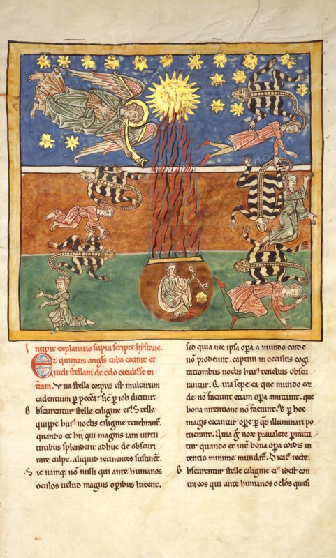 Leaf from a Beatus Manuscript: at the Clarion of the Fifth Angel's Trumpet..., ca. 1180. Creator: Unknown.