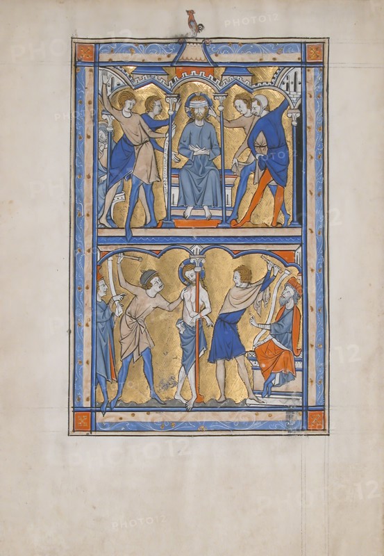 Manuscript Leaf with the Mocking and Flagellation of Christ, from a Royal Psalter, 13th century. Creator: Unknown.