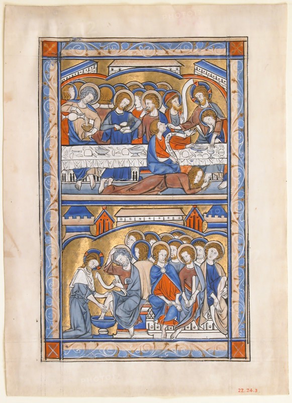 Manuscript Leaf with the Last Supper and the Washing of the Apostles? Feet Leaf..., ca. 1250-70. Creator: Unknown.
