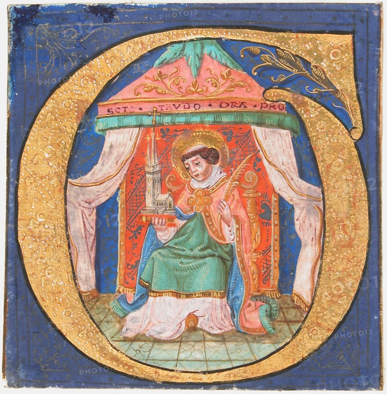 Manuscript Illumination with Saint Trudo (Trond) in an Initial O, from a Choir Book, 15th century. Creator: Unknown.