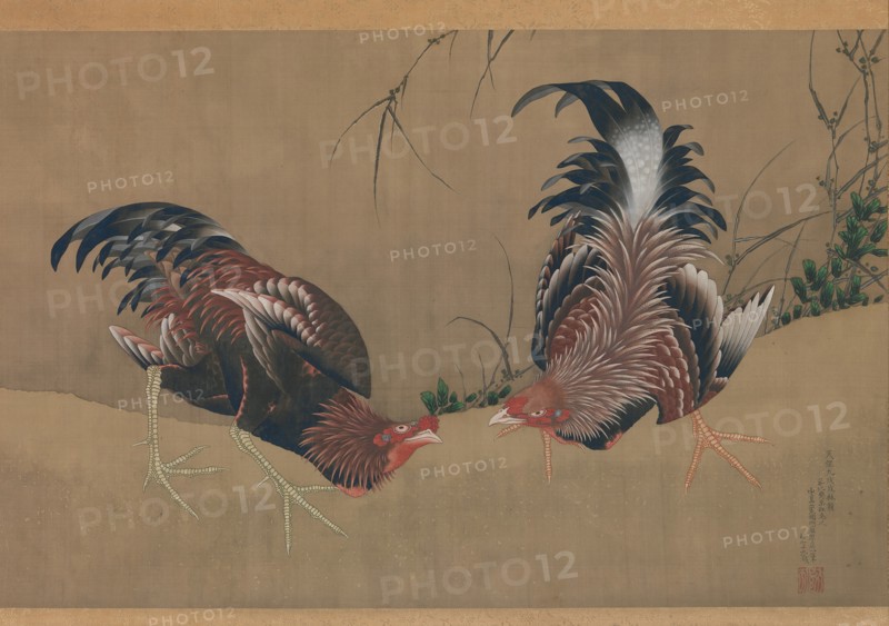Gamecocks, dated 1838. Creator: Hokusai.