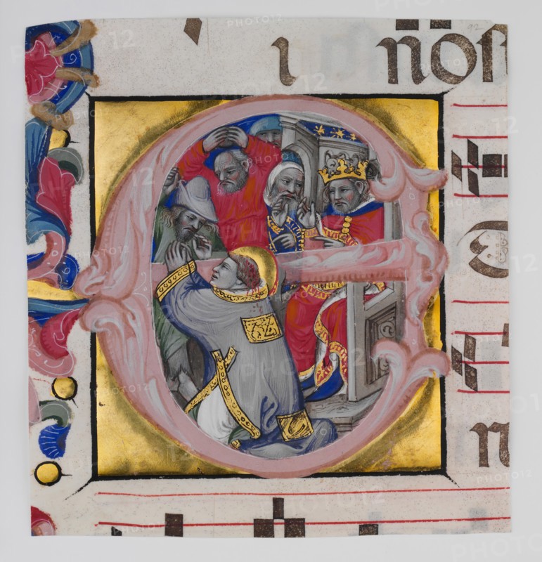 Manuscript Illumination with the Martyrdom of Saint Stephen in an Initial E..., ca. 1394-1402. Creator: Niccolo di Giacomo da Bologna.