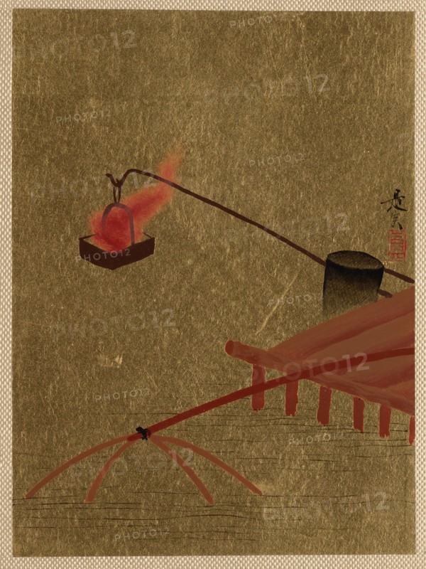Fire Basket Suspended from Dock over a Fish Net in the Water. Creator: Shibata Zeshin.