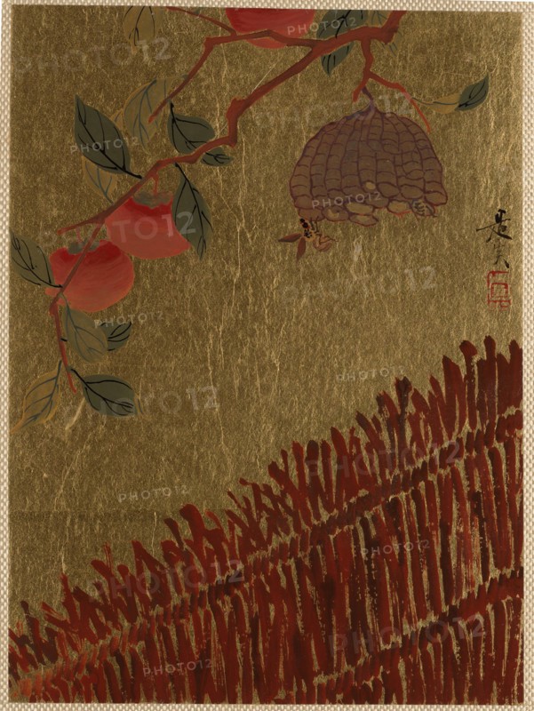 Persimmons Branch and Wasp Nest above a Hedge. Creator: Shibata Zeshin.
