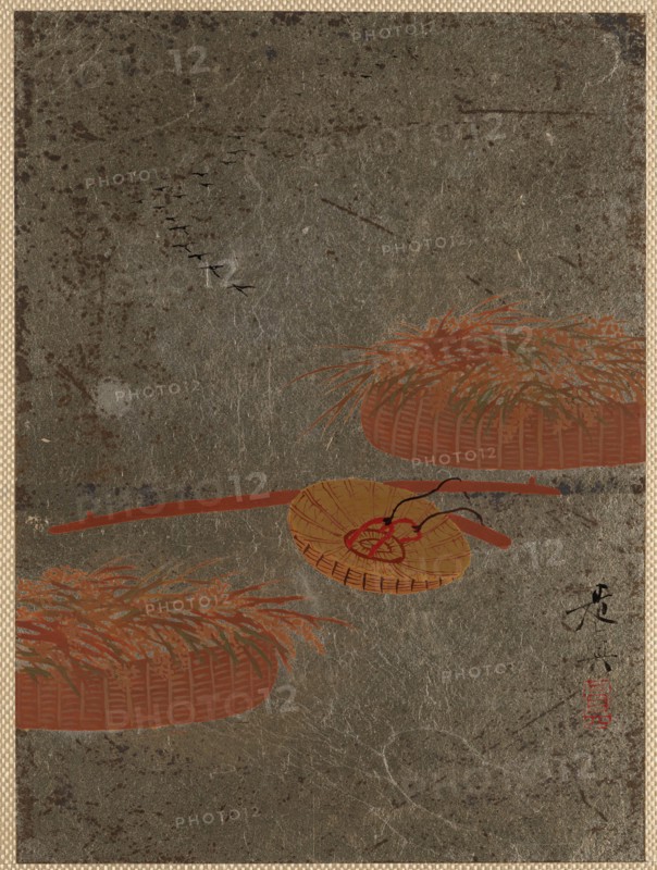 Flower Baskets and Farmer's Hat, ca. 1880s. Creator: Shibata Zeshin.