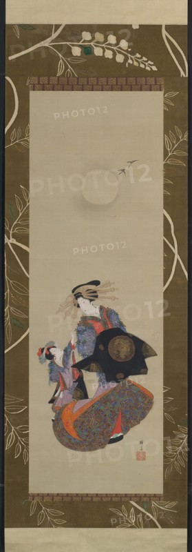 Beauty of the Yoshiwara with Apprentice in Moonlight, 19th century. Creator: Hokuba.