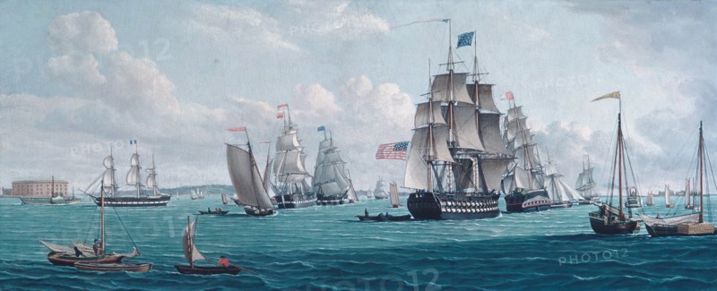 The U. S. Ship Franklin, with a View of the Bay of New York, 1820s or 1830s. Creator: Thomas Thompson.