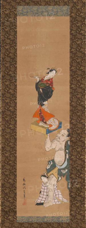 The Warrior Asahina Yoshihide Lifting a Puppet of a Courtesan on a Go Board , mid-18th century. Creator: Torii Kiyoshige.