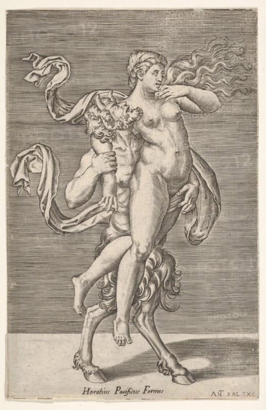 Satyr carrying a nymph, whose right arm is wrapped around the satyr's neck, with a ..., ca. 1505-62. Creator: Antonio Salamanca.