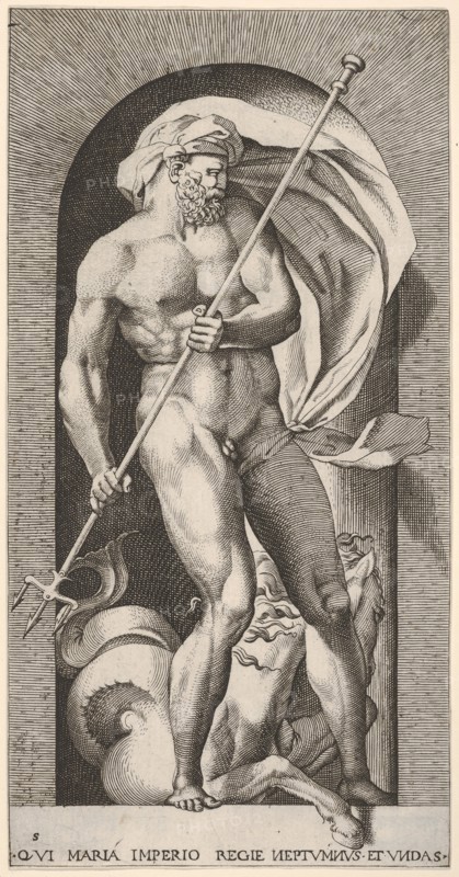 Plate 5: Neptune standing in a niche holding a trident, with a hippocampus