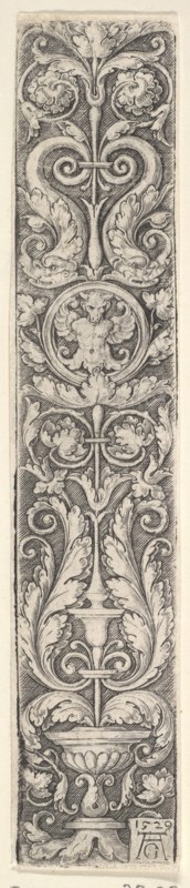 Vertical Panel with a Candelabrum Containing a Medallion with a Centaur and a Pair of Dolp..., 1529. Creator: Heinrich Aldegrever.