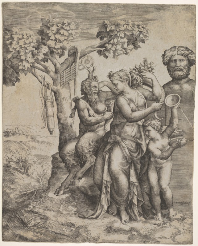 Pan seated near a female figure holding a cornucopia