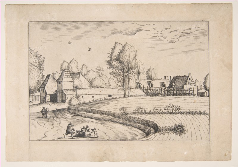 Country Houses, couple and cornfield in the foreground, from the series The Small Lands..., 1559-61. Creator: After The Master of the Small Landscapes