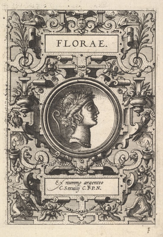 Bust of Florae surrounded by strapwork, from the series 'Deorum dearumque,' a set of image..., 1573. Creator: Unknown.
