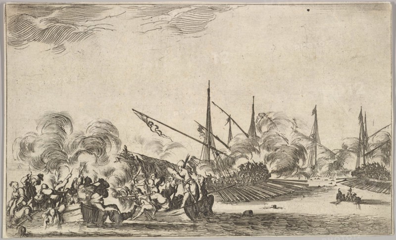 Combat between several rowboats and ships, two groups of men in rowboats fighting to left..., 1639. Creator: Stefano della Bella.