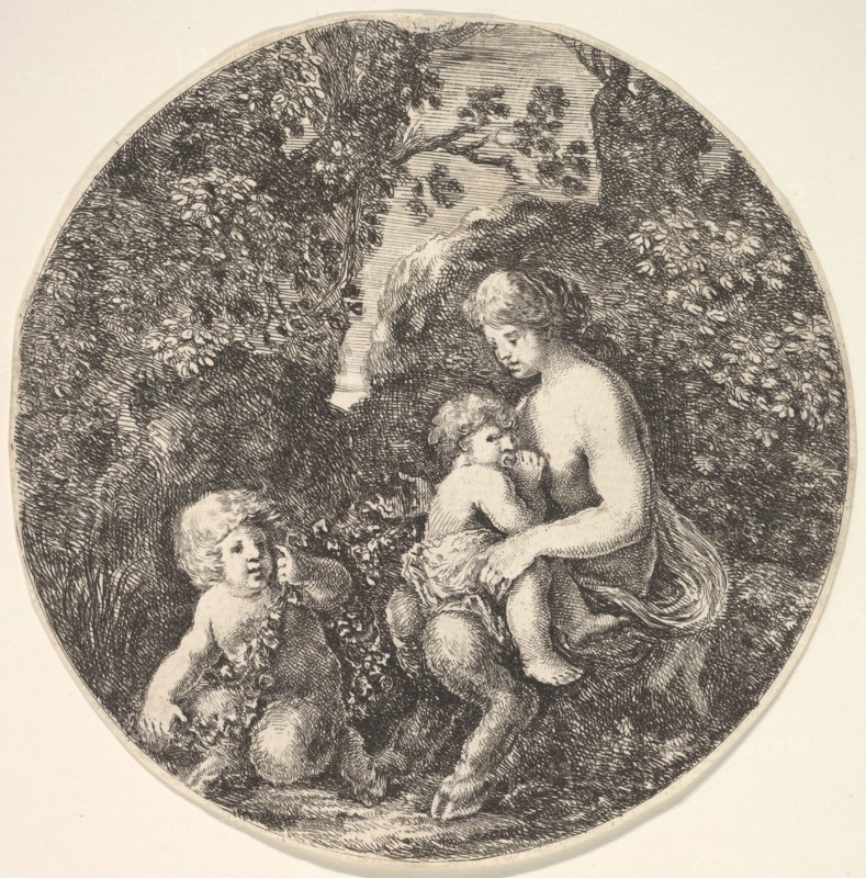 A female satyr breastfeeding an child to the right, turned towards the left, a satyr child..., 1639. Creator: Stefano della Bella.