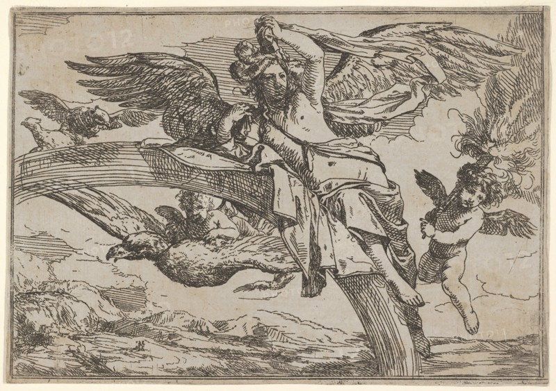 Air, represented by Iris reclining on her rainbow, accompanied by a winged putto bearin..., 1640-60. Creator: Giulio Carpioni.