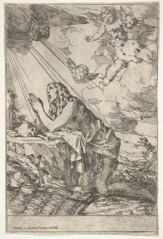 Penitent Magdalen kneeling on a rocky ground before a skull and bones, an ointment ..., ca. 1640-55. Creator: Giulio Carpioni.