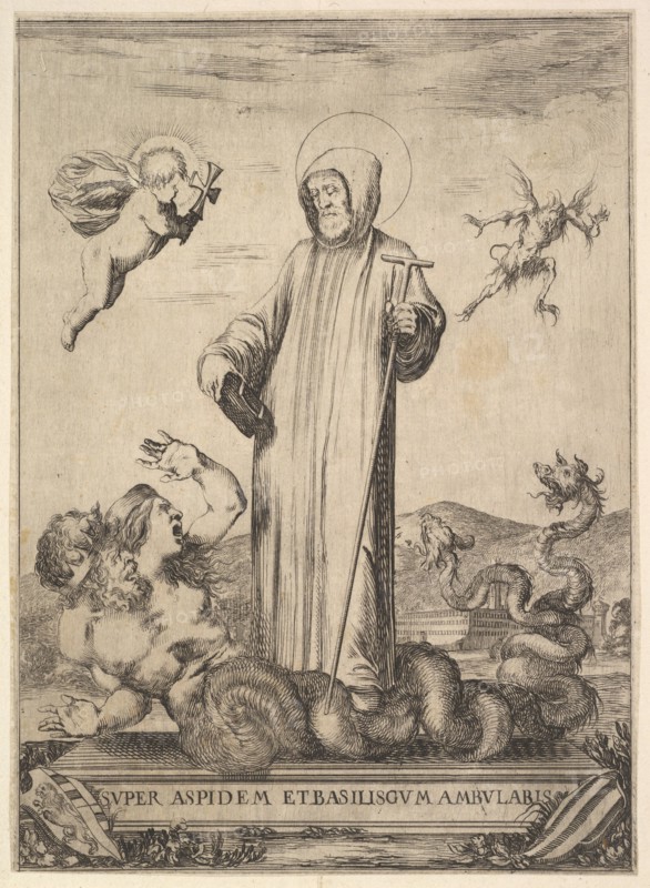 Saint Jean Gualbert trampling a monster with two human heads and a serpentine body, a flyi..., 1640. Creator: Stefano della Bella.