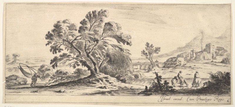 Plate 6: a fisherman carrying a net to left, two horsemen in a stream to right, a tree..., ca. 1641. Creator: Stefano della Bella.