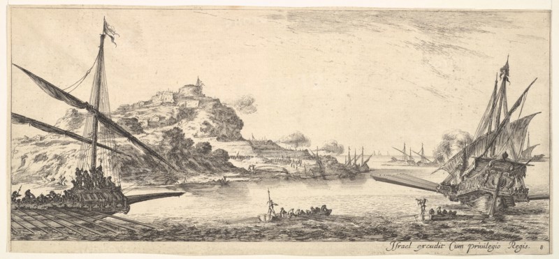Plate 8: A the bow of a galley at left and another galley at right, seen from behind..., ca. 1641. Creator: Stefano della Bella.