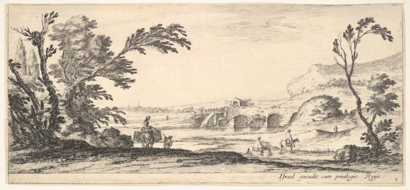 Plate 3: two horsemen crossing a river to right, a woman with two baskets atop a donke..., ca. 1641. Creator: Stefano della Bella.