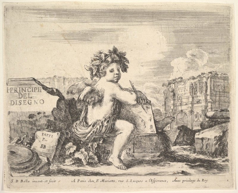 Plate 1: the genius of drawing, a child with wings, seated on a rock in center turned ..., ca. 1641. Creator: Stefano della Bella.